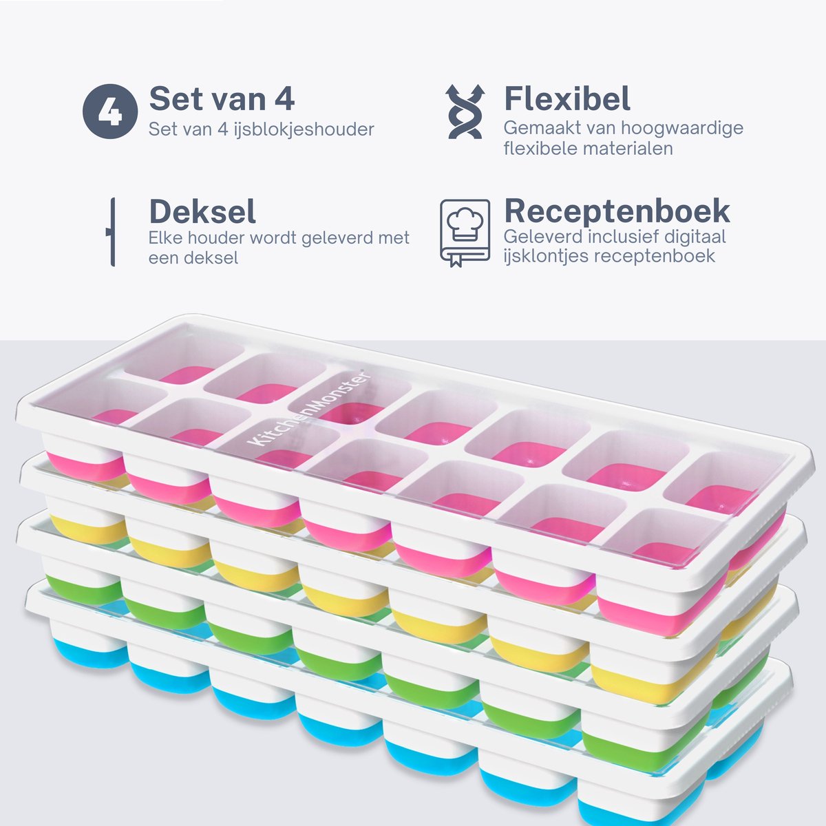 KitchenMonster® IJsblokjesvorm voor IJsblokjes - IJsblokjesvorm met deksel silicone Blauw, Groen, Geel, Roze