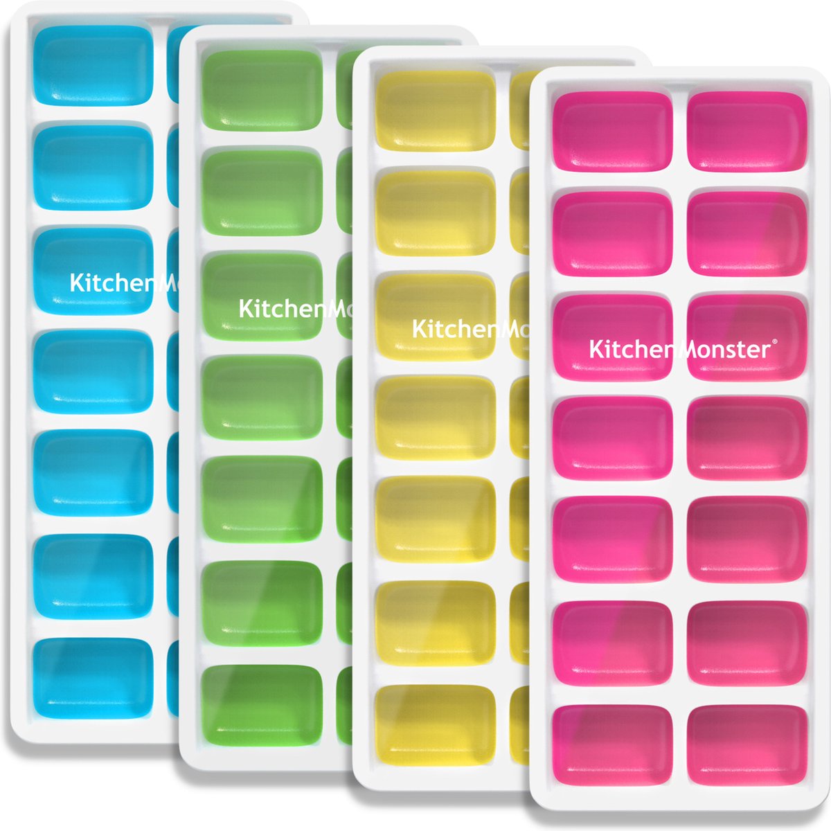 KitchenMonster® IJsblokjesvorm voor IJsblokjes - IJsblokjesvorm met deksel silicone Blauw, Groen, Geel, Roze