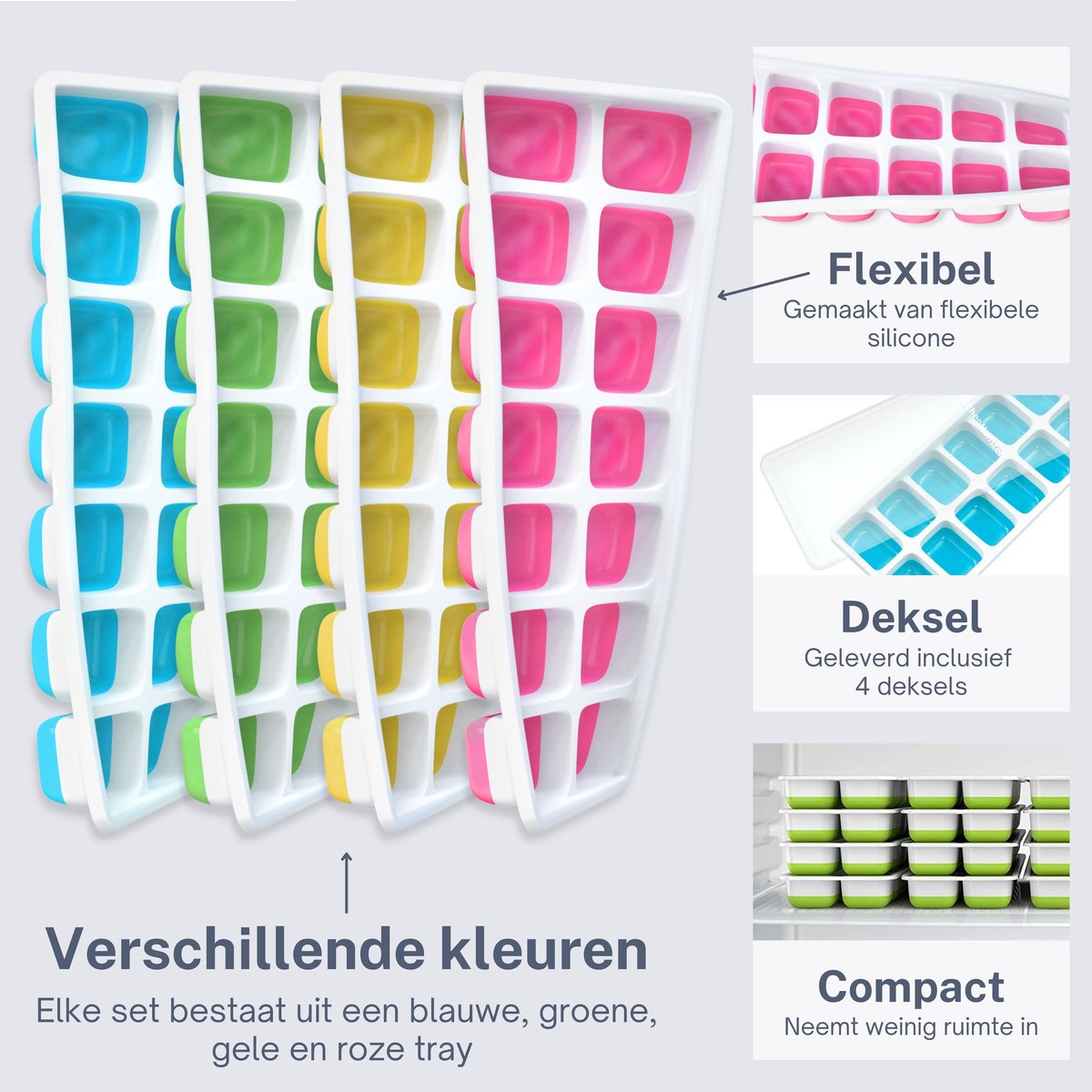 KitchenMonster® IJsblokjesvorm voor IJsblokjes - IJsblokjesvorm met deksel silicone Blauw, Groen, Geel, Roze