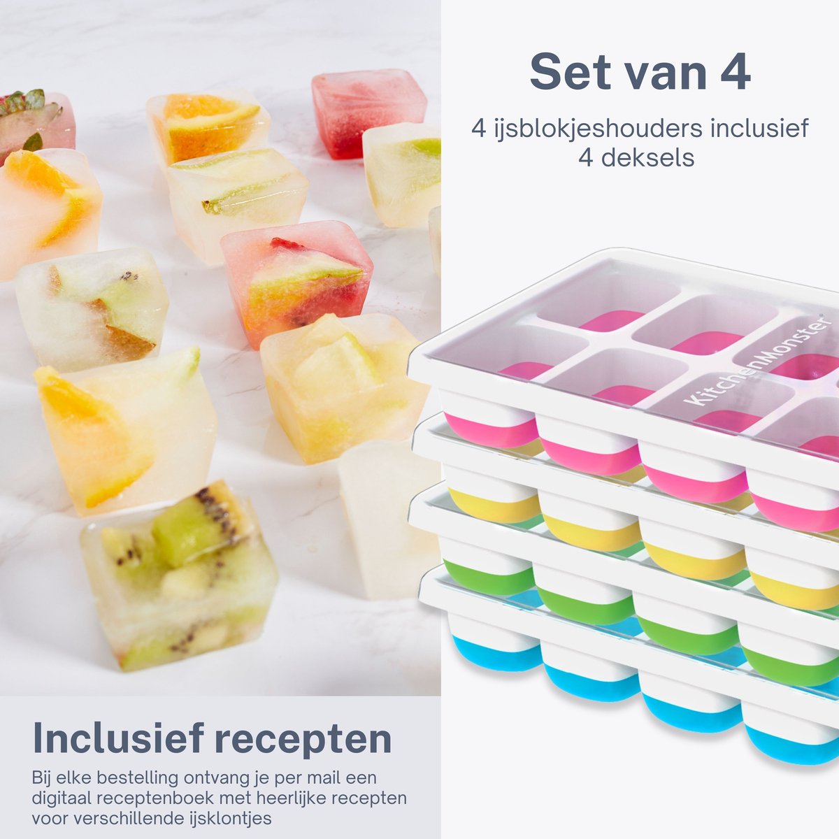 KitchenMonster® IJsblokjesvorm voor IJsblokjes - IJsblokjesvorm met deksel silicone Blauw, Groen, Geel, Roze