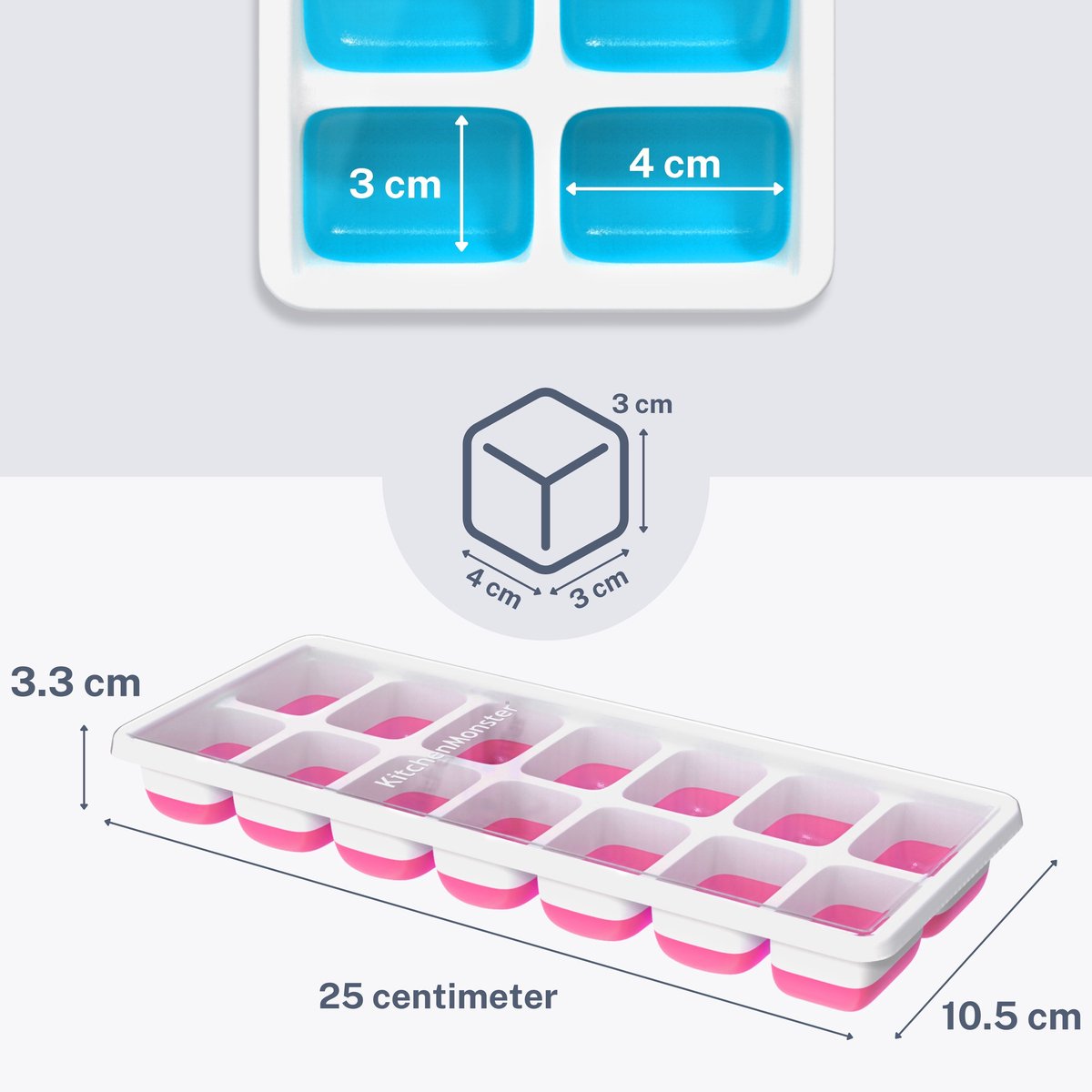 KitchenMonster® IJsblokjesvorm voor IJsblokjes - IJsblokjesvorm met deksel silicone Blauw, Groen, Geel, Roze