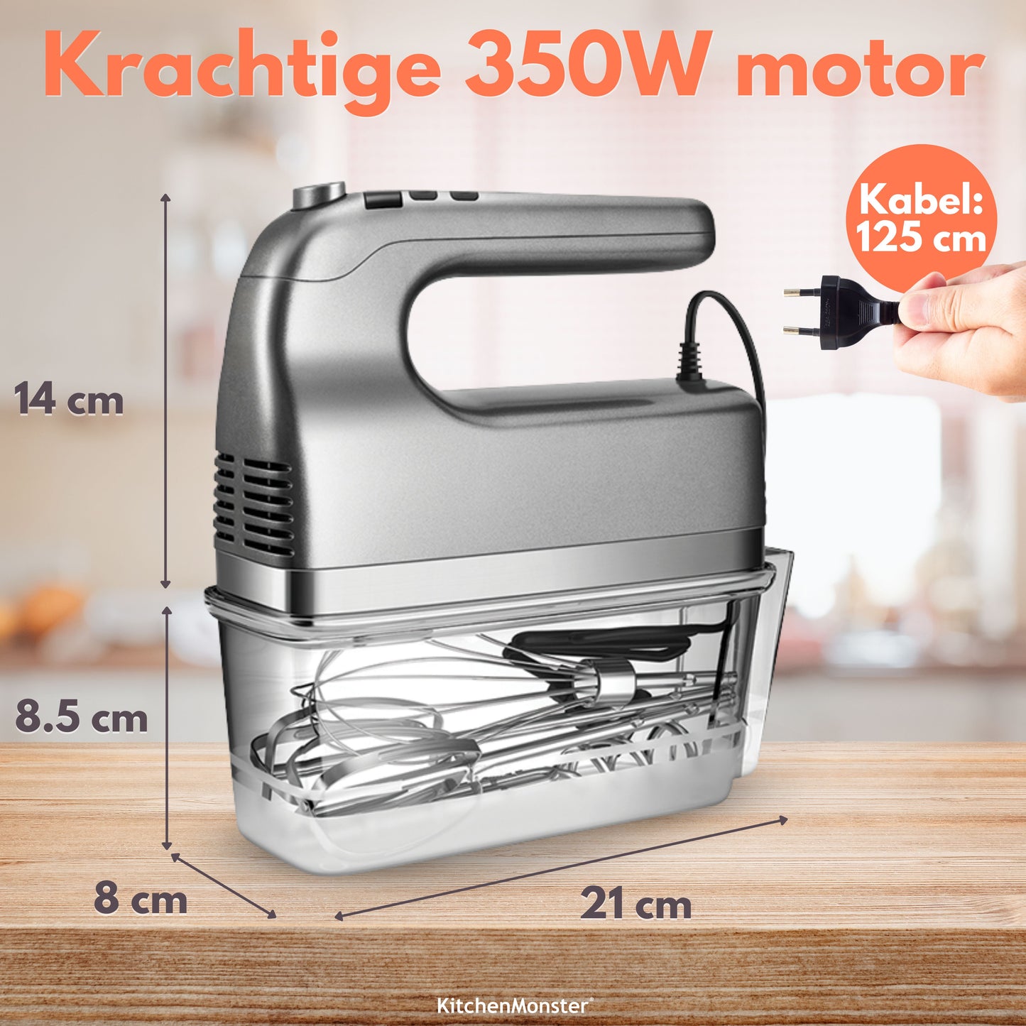 KitchenMonster® Handmixer - Mixer met 9 Snelheden en Timer - 2 Kloppers & 2 Deeghaken & Garde & Opbergbak