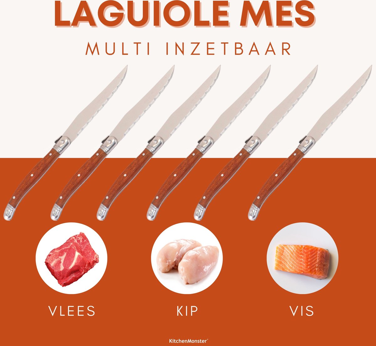 KitchenMonster® Steakmessen set van 6 - Rozenhout