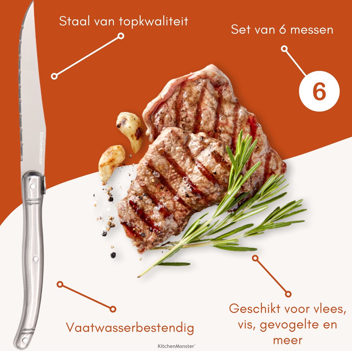 KitchenMonster® Steakmessen set van 6 - Zilver