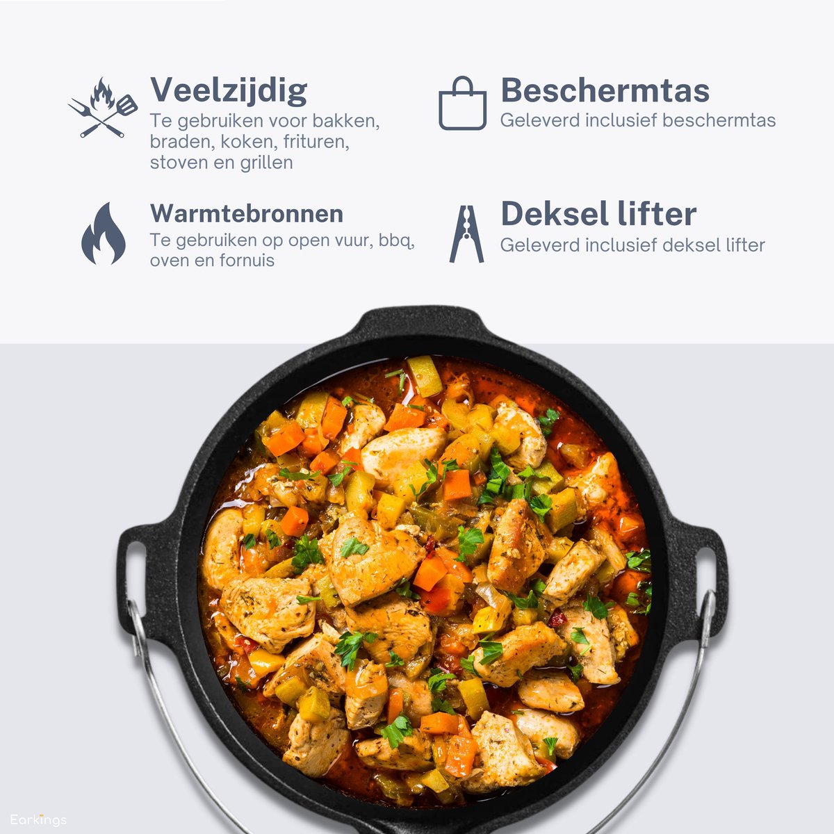 KitchenMonster® Dutch Oven Kookpan - Gietijzeren Pan Ø25.5 met Deksel 5 Liter