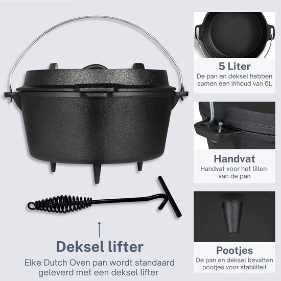 KitchenMonster® Dutch Oven Kookpan - Gietijzeren Pan Ø25.5 met Deksel 5 Liter