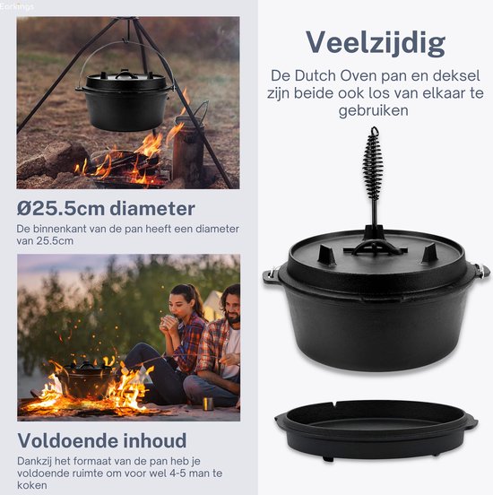 KitchenMonster® Dutch Oven Kookpan - Gietijzeren Pan Ø25.5 met Deksel 5 Liter