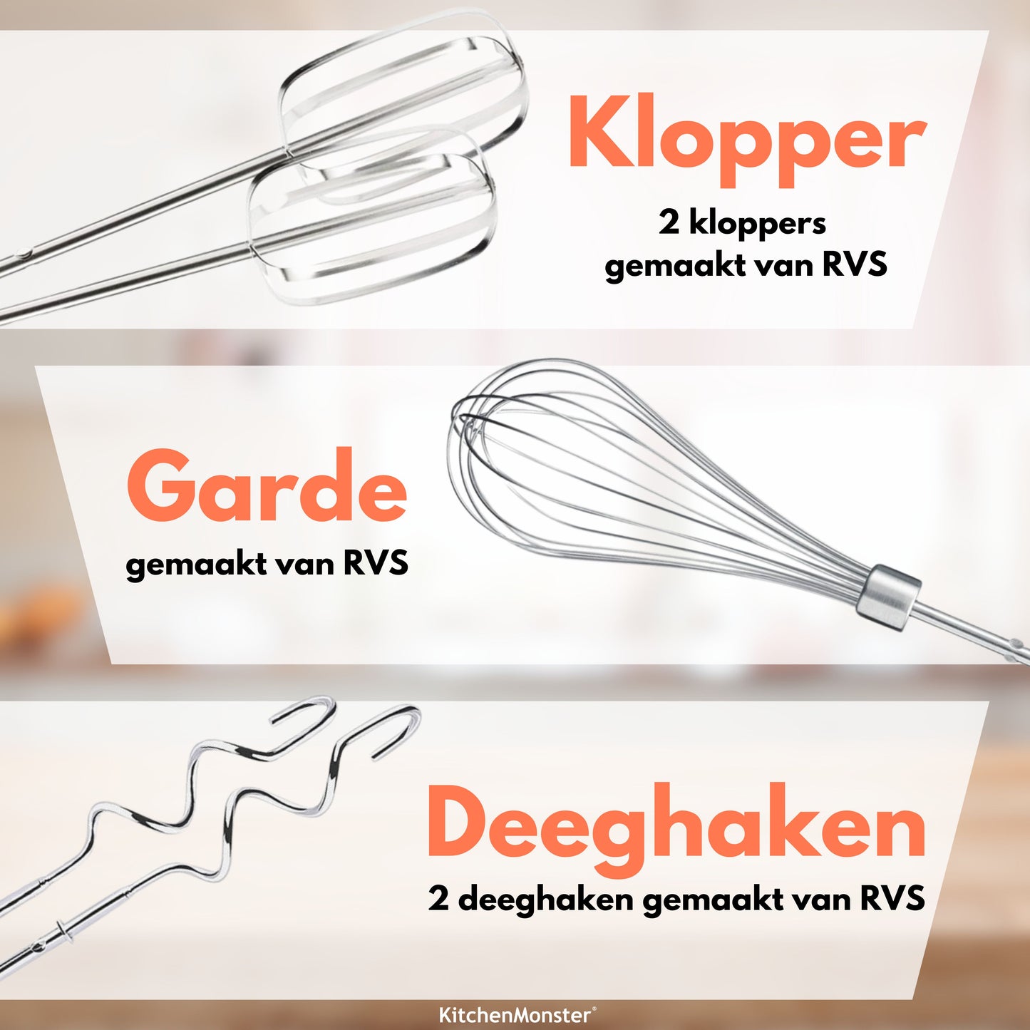 KitchenMonster® Handmixer - Mixer met 9 Snelheden en Timer - 2 Kloppers & 2 Deeghaken & Garde & Opbergbak